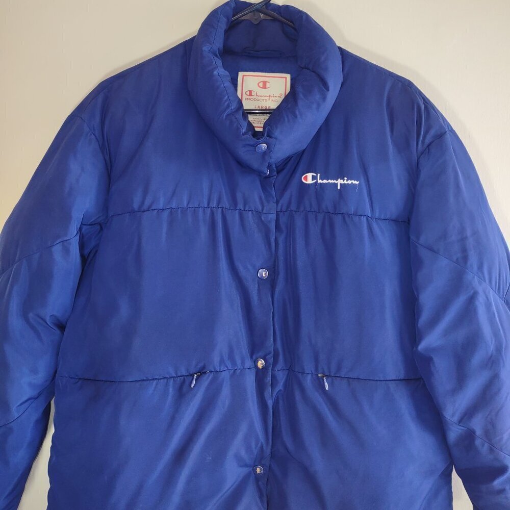 Champion Blue Script Crop Puffer Jacket Sporty Outdoor Streetwear Women's Large - Picture 4 of 11